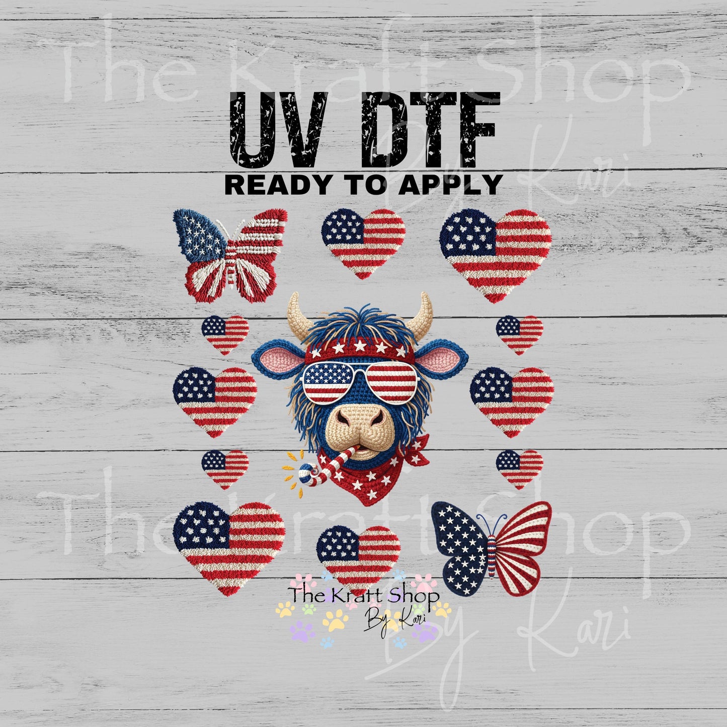 UV DTF Yarn Patriotic Highland Cow mixed media Element sheet 8x8 decal #1110