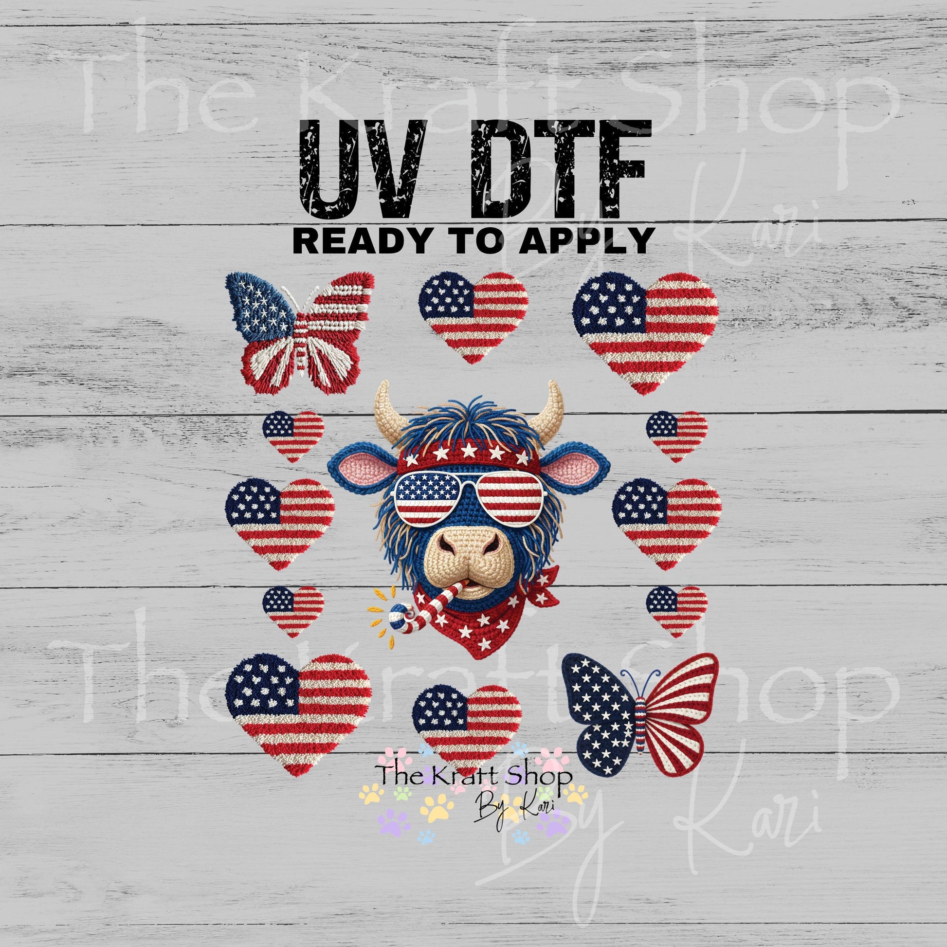 UV DTF Yarn Patriotic Highland Cow mixed media Element sheet 8x8 decal #1110