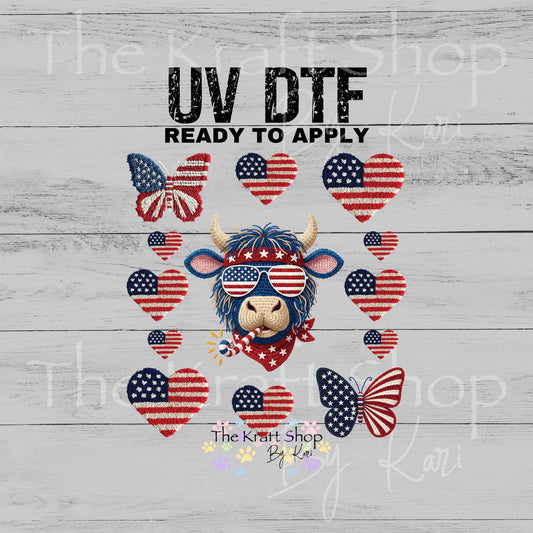UV DTF Yarn Patriotic Highland Cow mixed media Element sheet 8x8 decal #1110