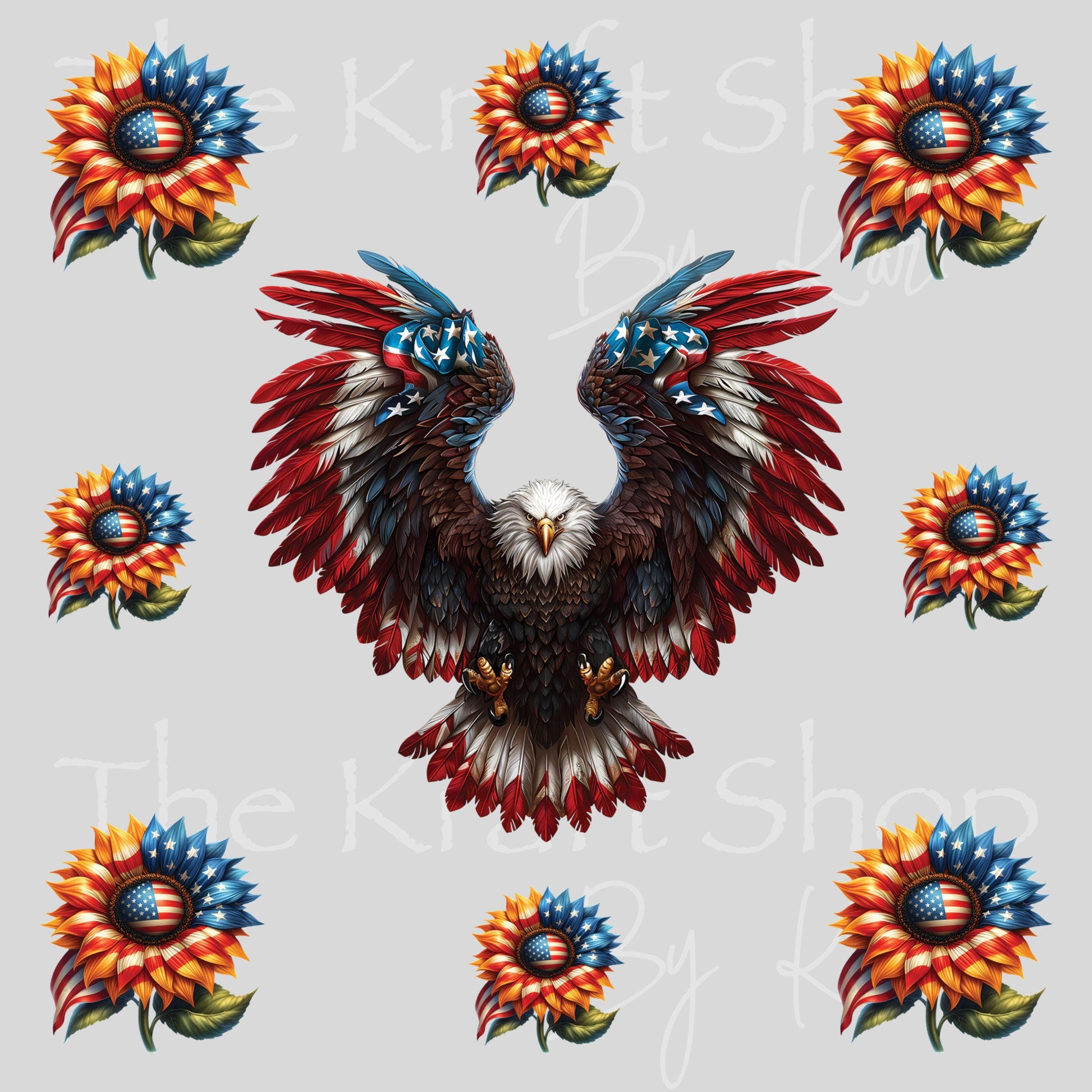 UV DTF Patriotic Bald Eagle and sunflowers 4th of July Element sheet 6x6 decal, tumbler decal, permanent sticker. #1111