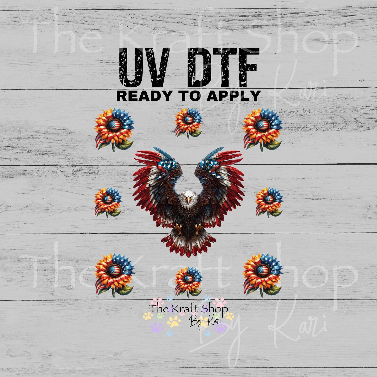 UV DTF Patriotic Bald Eagle and sunflowers 4th of July Element sheet 6x6 decal, tumbler decal, permanent sticker. #1111