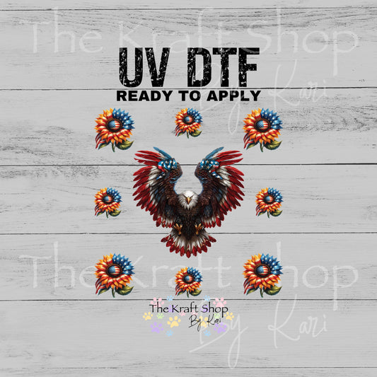UV DTF Patriotic Bald Eagle and sunflowers 4th of July Element sheet 6x6 decal, tumbler decal, permanent sticker. #1111