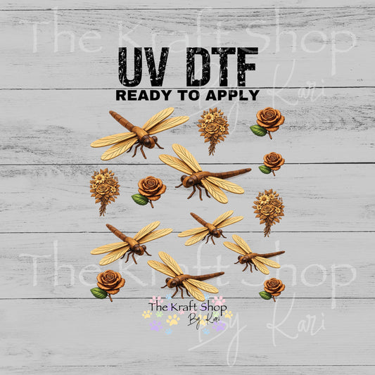 UV DTF Wooden Dragonflies and Roses Element sheet 6x6 decal, tumbler decal, permanent sticker. #1113
