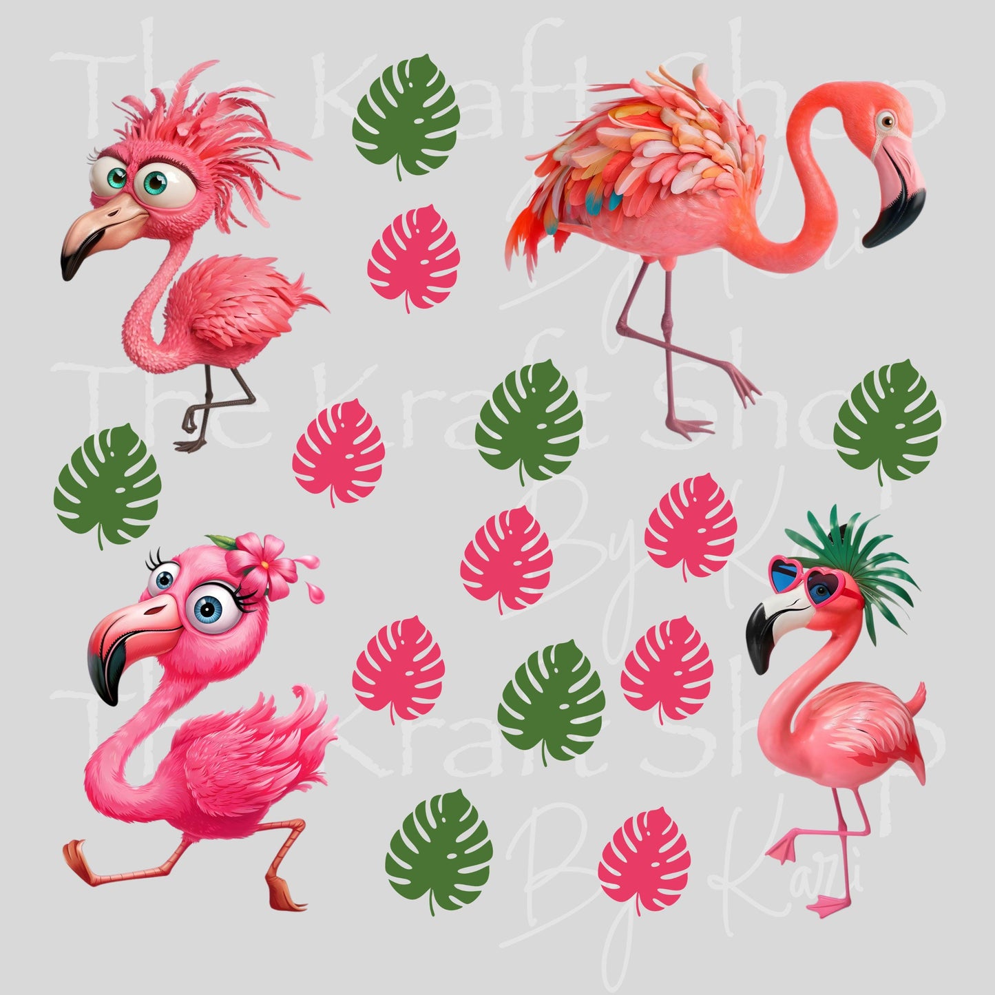 UV DTF Flamingo and Monstera Funny mixed media Element sheet 8x8 decal #1116