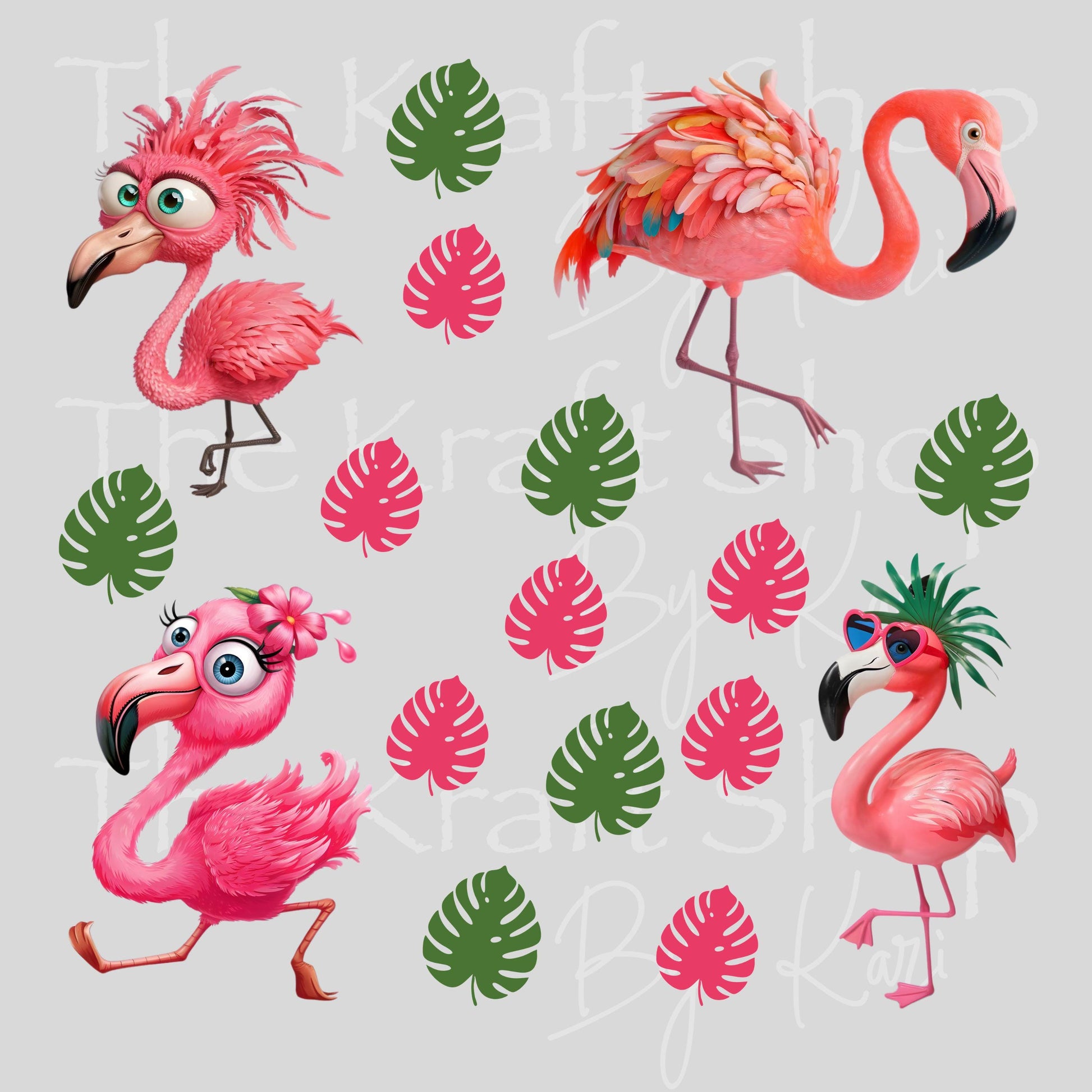 UV DTF Flamingo and Monstera Funny mixed media Element sheet 8x8 decal #1116