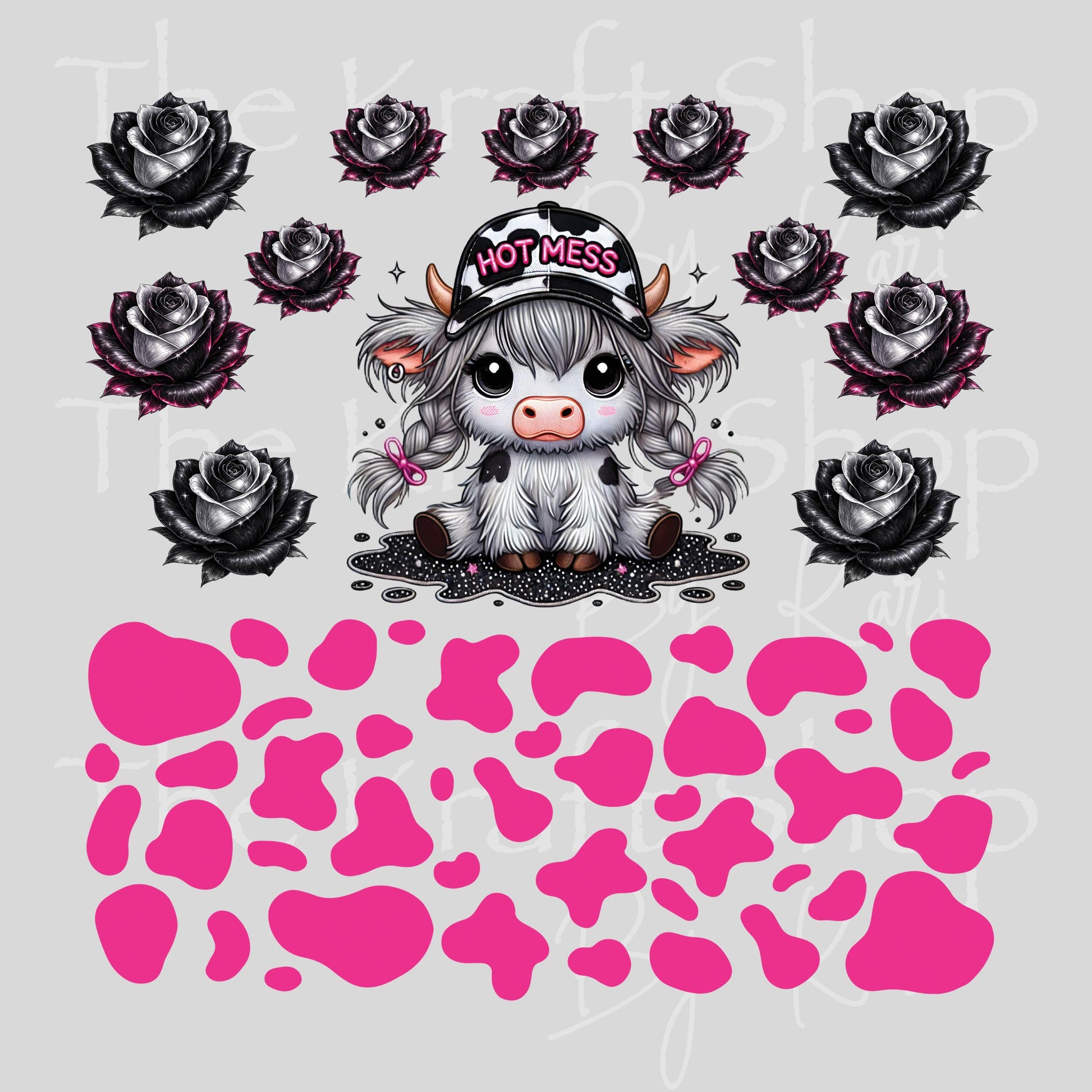 UV DTF Hot Mess Heifer Hot Pink Spots Elements mixed media bundle of decals sheet 10x10 decal #10459