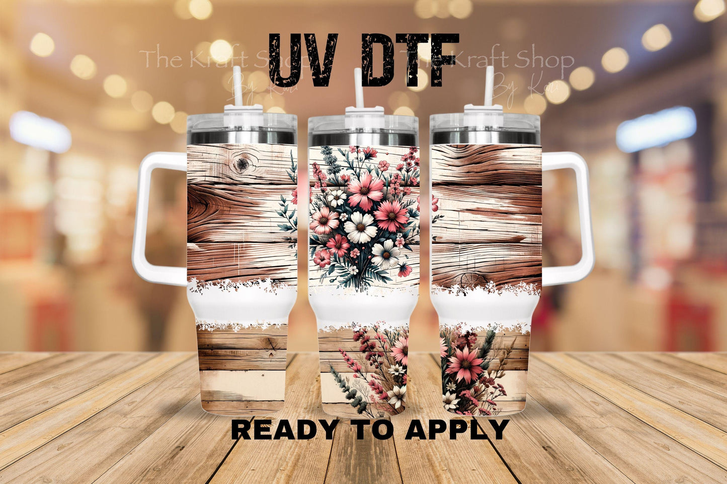 UV DTF 40 oz ready to apply Distressed wood plank pink flowers wrap decal , quencher tumbler decal #3202