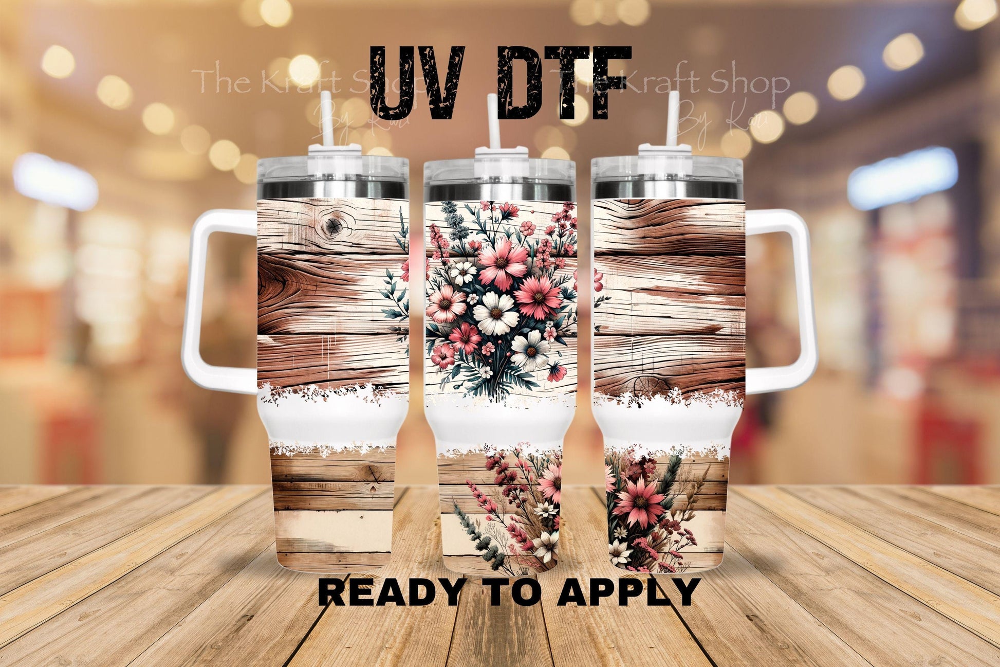 UV DTF 40 oz ready to apply Distressed wood plank pink flowers wrap decal , quencher tumbler decal #3202