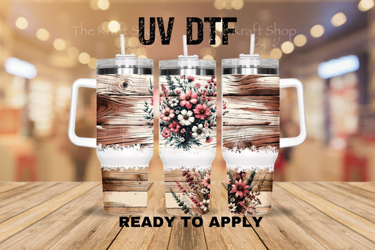UV DTF 40 oz ready to apply Distressed wood plank pink flowers wrap decal , quencher tumbler decal #3202