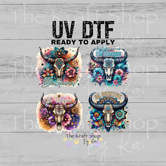 UV DTF Positive motivational Aztek skull decals 4pk, permanent sticker.#4657