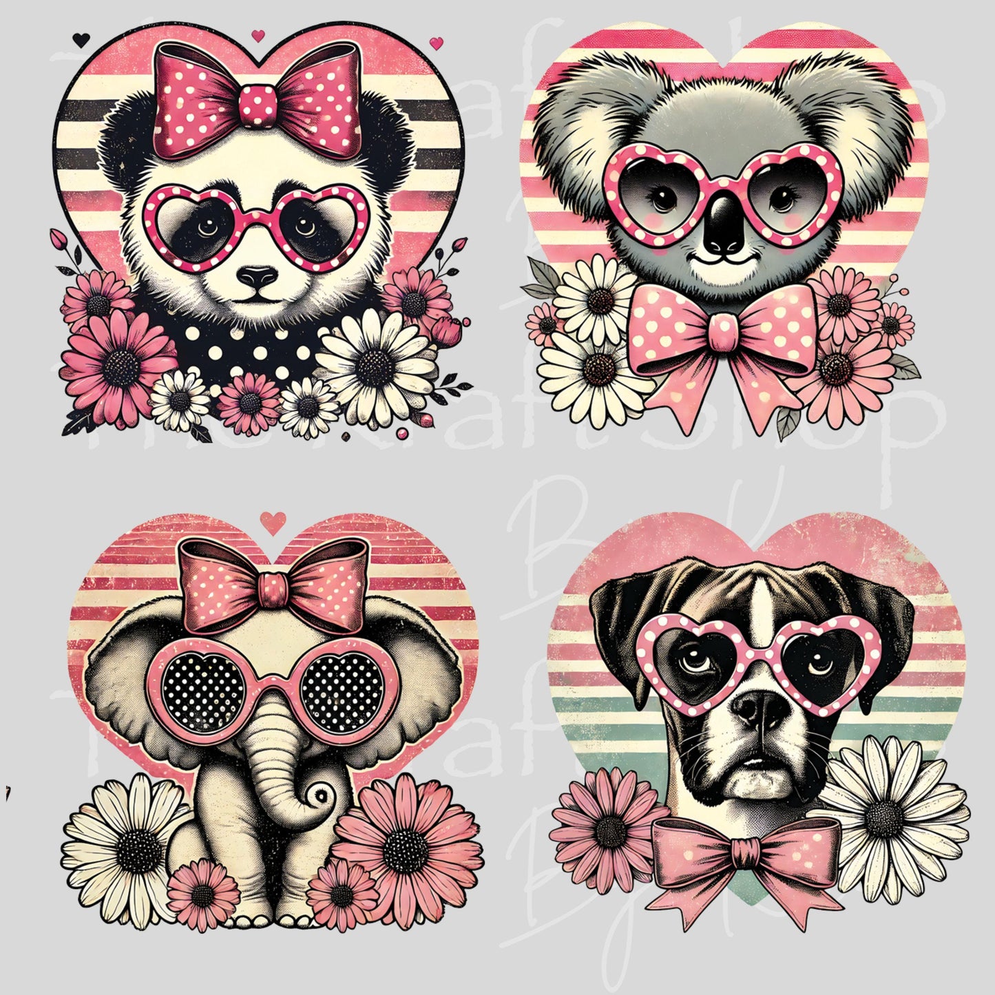 UV DTF Vintage heart animals, Boxer, Elephant, Frenchie, Kitty, Koala, Panda, Raccoon or Sloth decal, tumbler decal, permanent sticker#1129