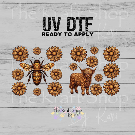 UV DTF Leopard Daisy Flamingo, bee, dragonfly or highland cow Element sheet 6x6 decal, tumbler decal, permanent sticker. #1125