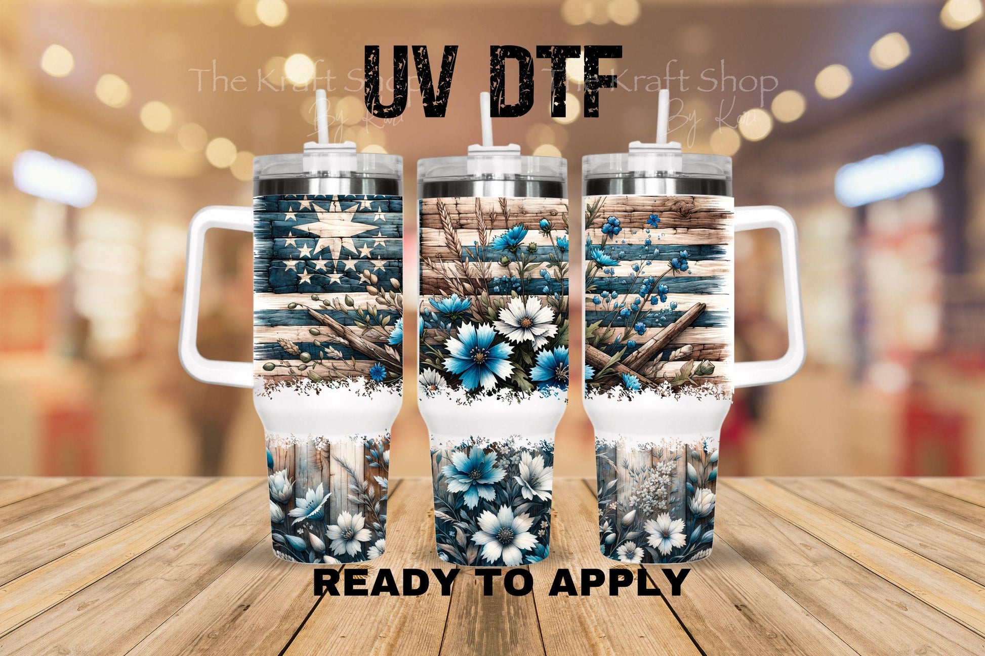 UV DTF 40 oz ready to apply Distressed Blue Flowers wood plank wrap decal , quencher tumbler decal #3203