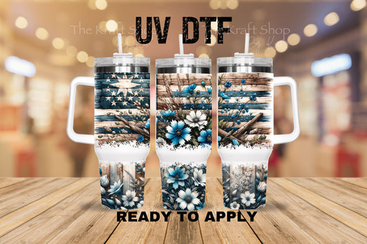 UV DTF 40 oz ready to apply Distressed Blue Flowers wood plank wrap decal , quencher tumbler decal #3203