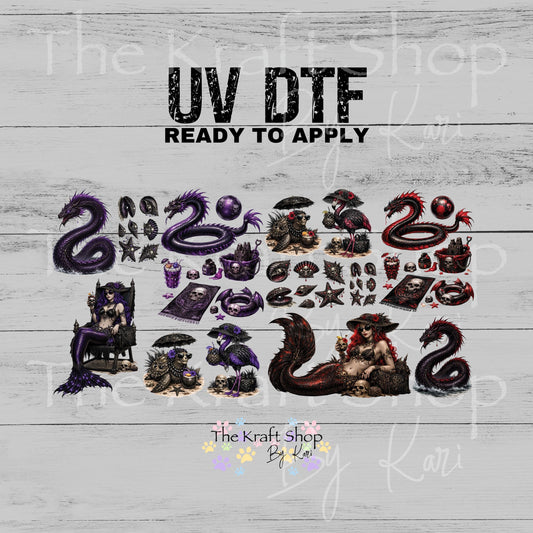 UV DTF Sticker print Gothic Summer with skulls and mermaids Element sheet 8x8 decal #4612