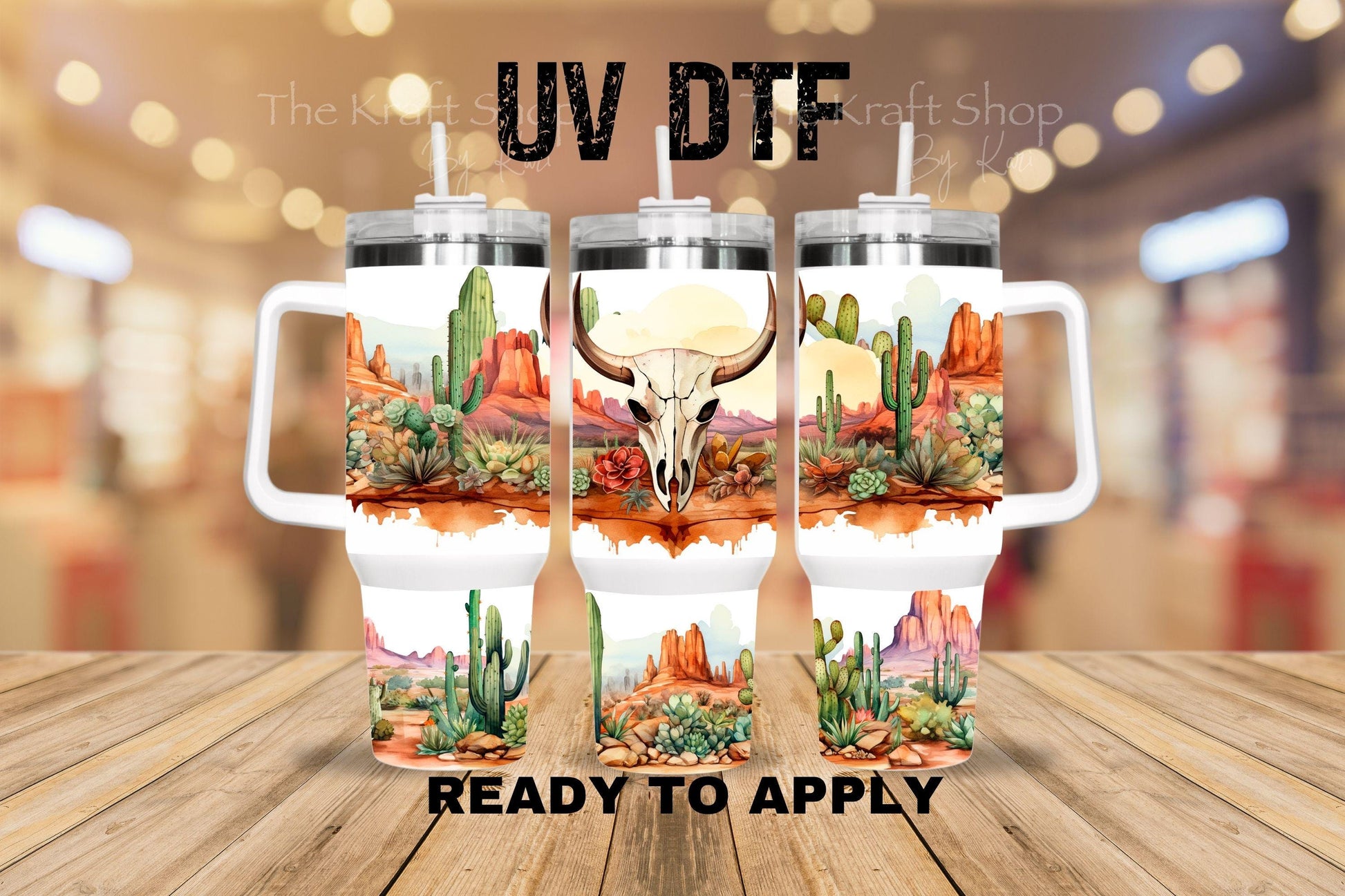 UV DTF 40 oz ready to apply Desert Cow Skull wrap decal , quencher tumbler decal #3204