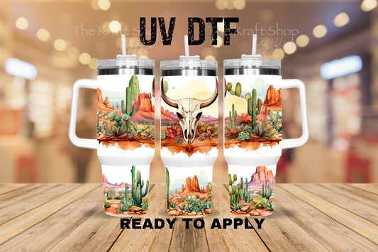 UV DTF 40 oz ready to apply Desert Cow Skull wrap decal , quencher tumbler decal #3204