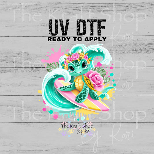 UV DTF Wave riding turtle with scene decal, tumbler decal, permanent sticker. #1131