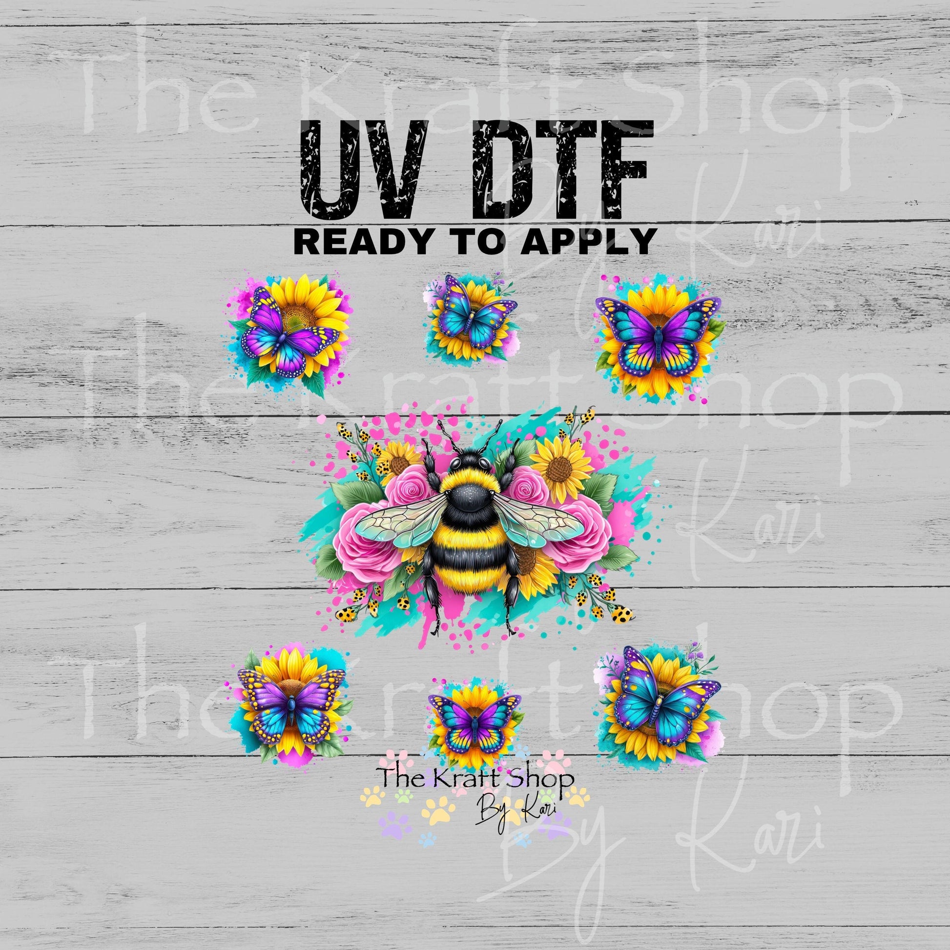 UV DTF Sticker print Bee and Butterflies paint splatter Element sheet 8x8 decal, tumbler decal, permanent sticker. #1134