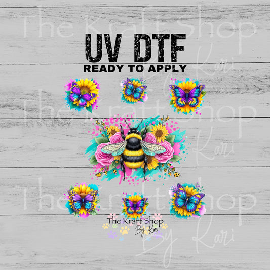UV DTF Sticker print Bee and Butterflies paint splatter Element sheet 8x8 decal, tumbler decal, permanent sticker. #1134