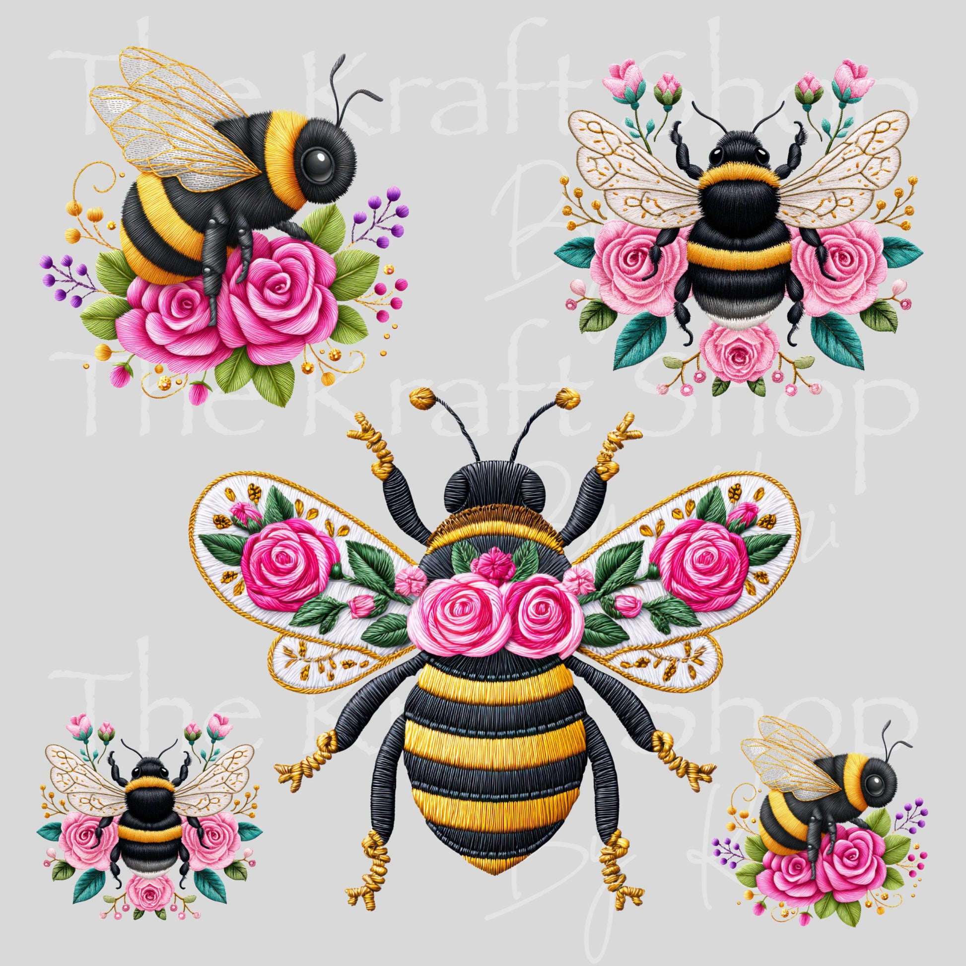 UV DTF Sticker print Embroider Bees with pink flowers Element sheet 8x8 decal, tumbler decal, permanent sticker. #1136
