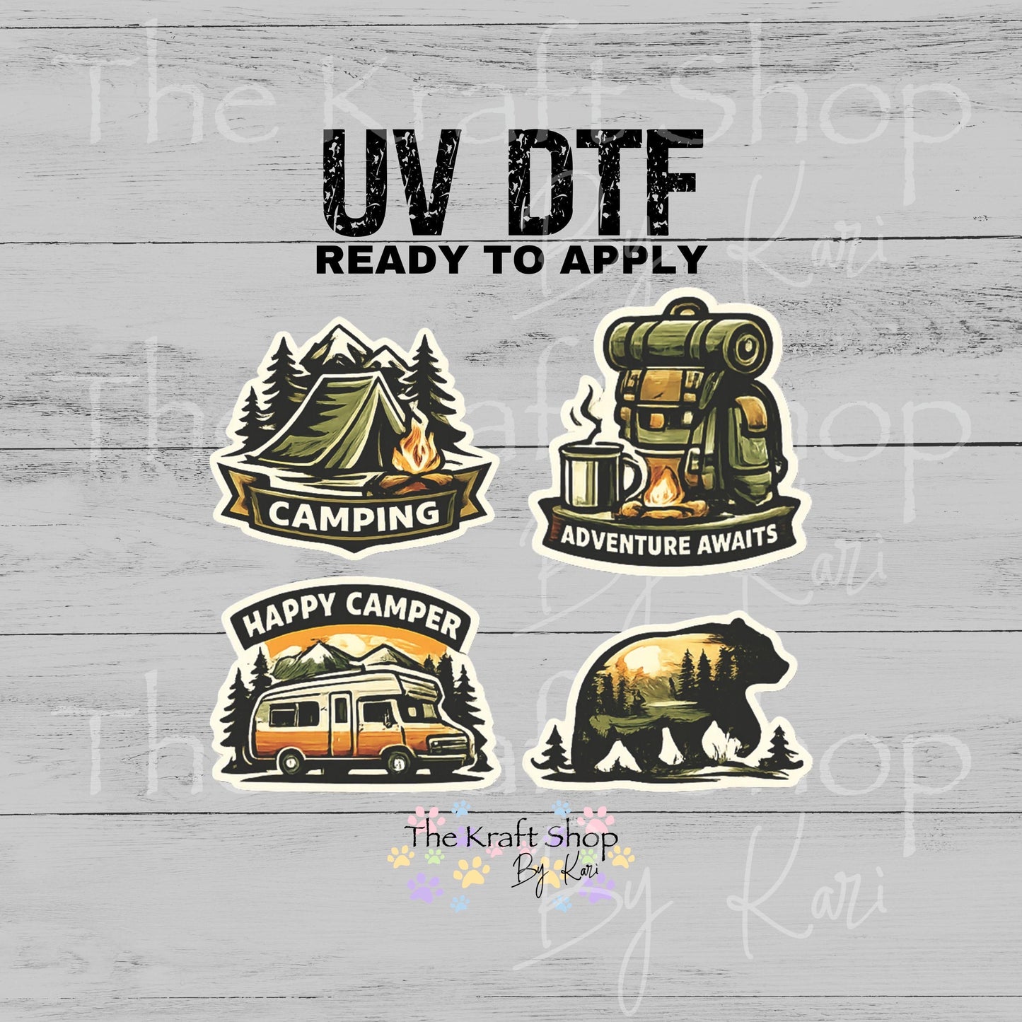 UV DTF Camping 4pk decals , permanent sticker.#4679