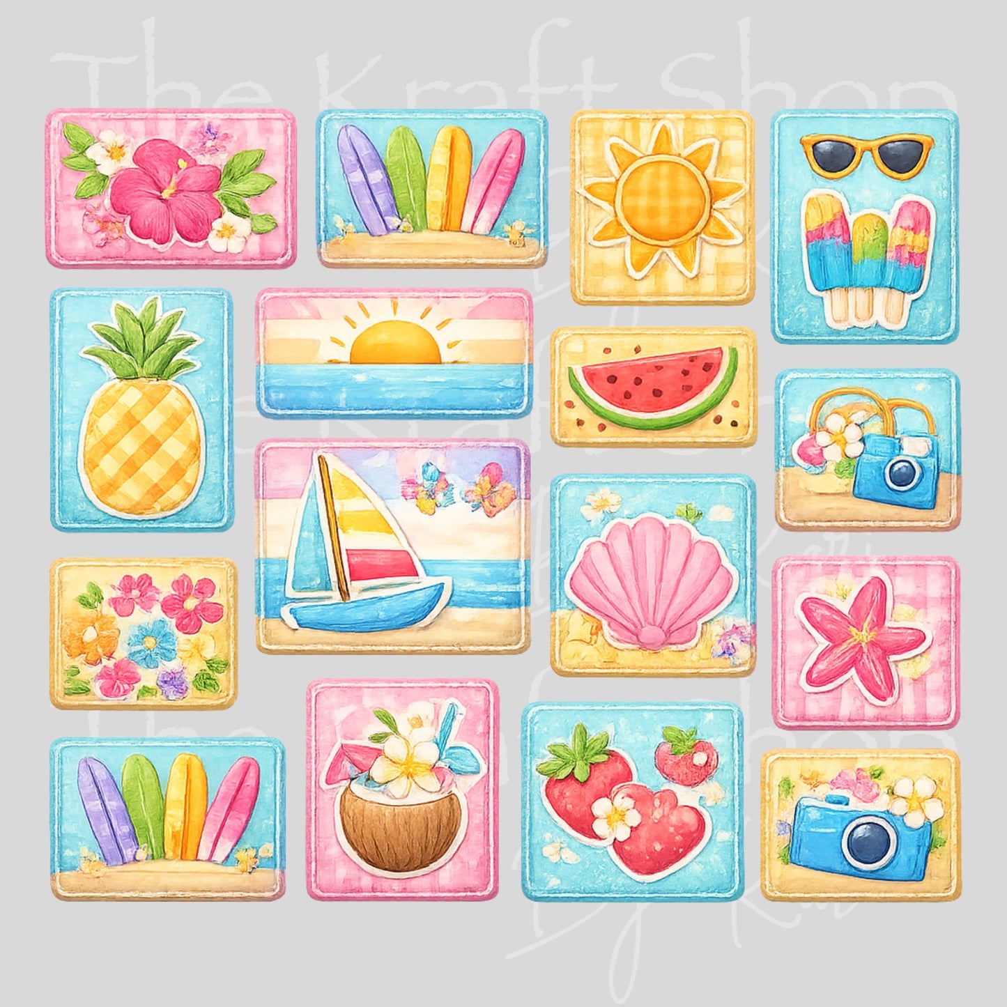 UV DTF Summer patchwork mixed media Element sheet 8x8 decal #4691