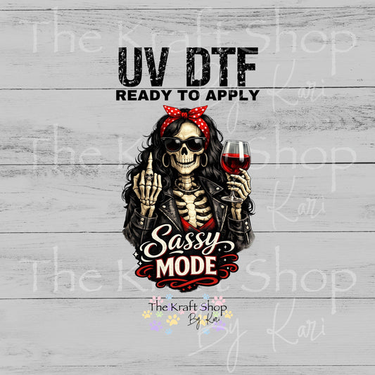 UV DTF Sassy Mode skeleton with middle finger and wine decal, tumbler decal, permanent sticker. #4656