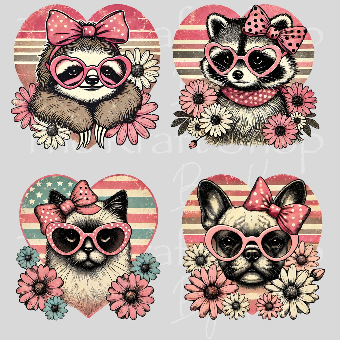 UV DTF Vintage heart animals, Boxer, Elephant, Frenchie, Kitty, Koala, Panda, Raccoon or Sloth decal, tumbler decal, permanent sticker#1129