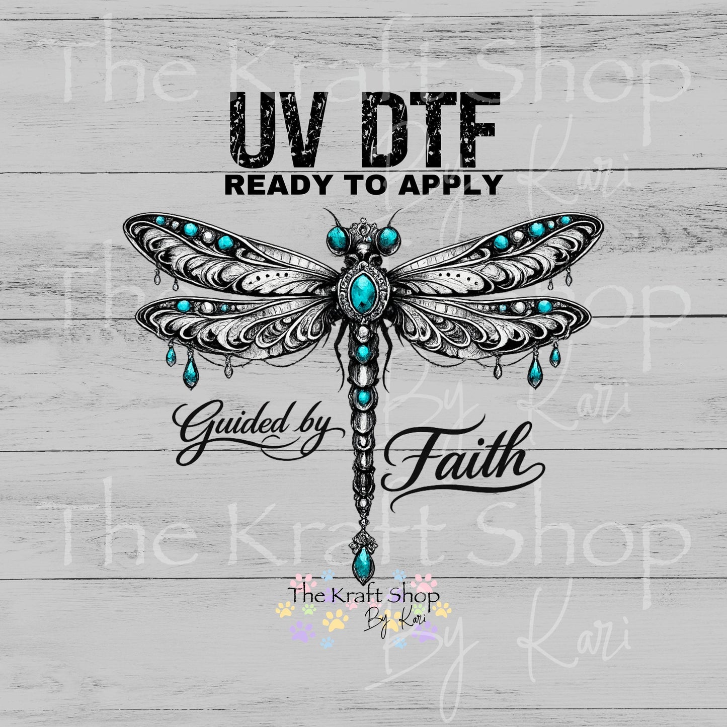 UV DTF Guided by faith teal and turquoise jeweled dragonfly decal, tumbler decal, permanent sticker. #4696