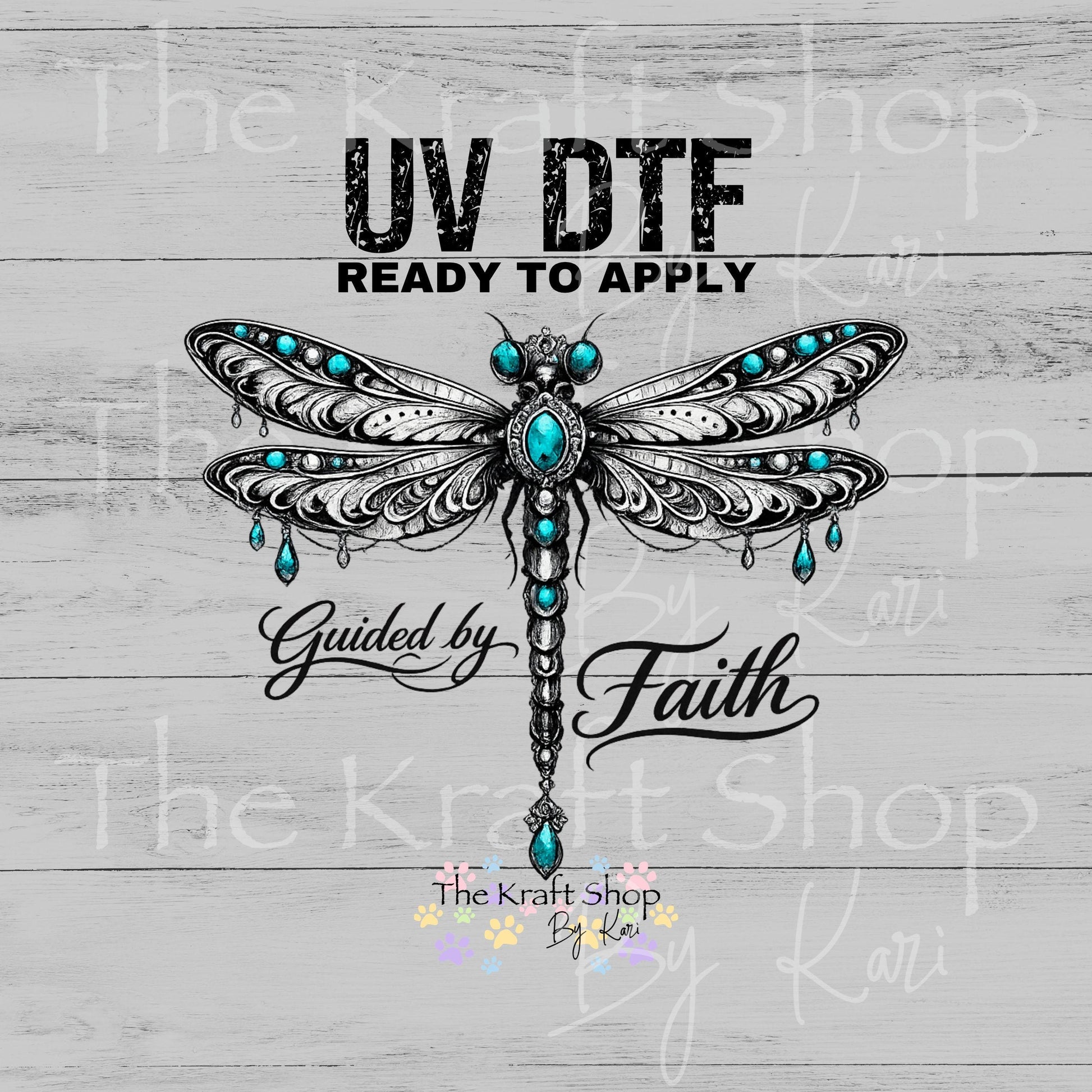 UV DTF Guided by faith teal and turquoise jeweled dragonfly decal, tumbler decal, permanent sticker. #4696