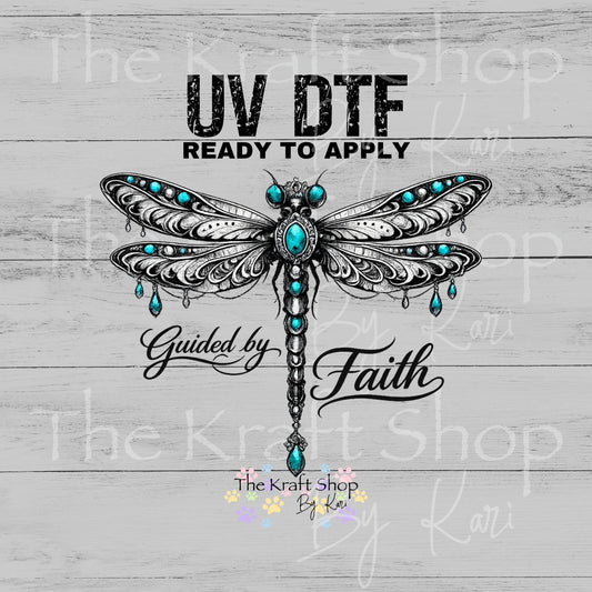 UV DTF Guided by faith teal and turquoise jeweled dragonfly decal, tumbler decal, permanent sticker. #4696