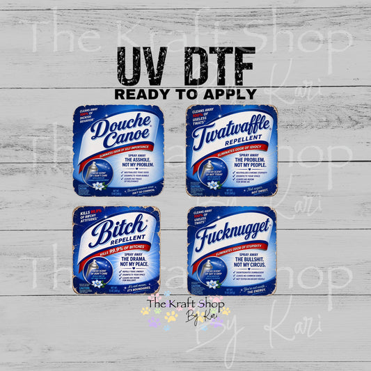 UV DTF Twatwaffle repellent, bitch repellent, douche canoe or fucknugget spray labels sarcastic humor decal #4698