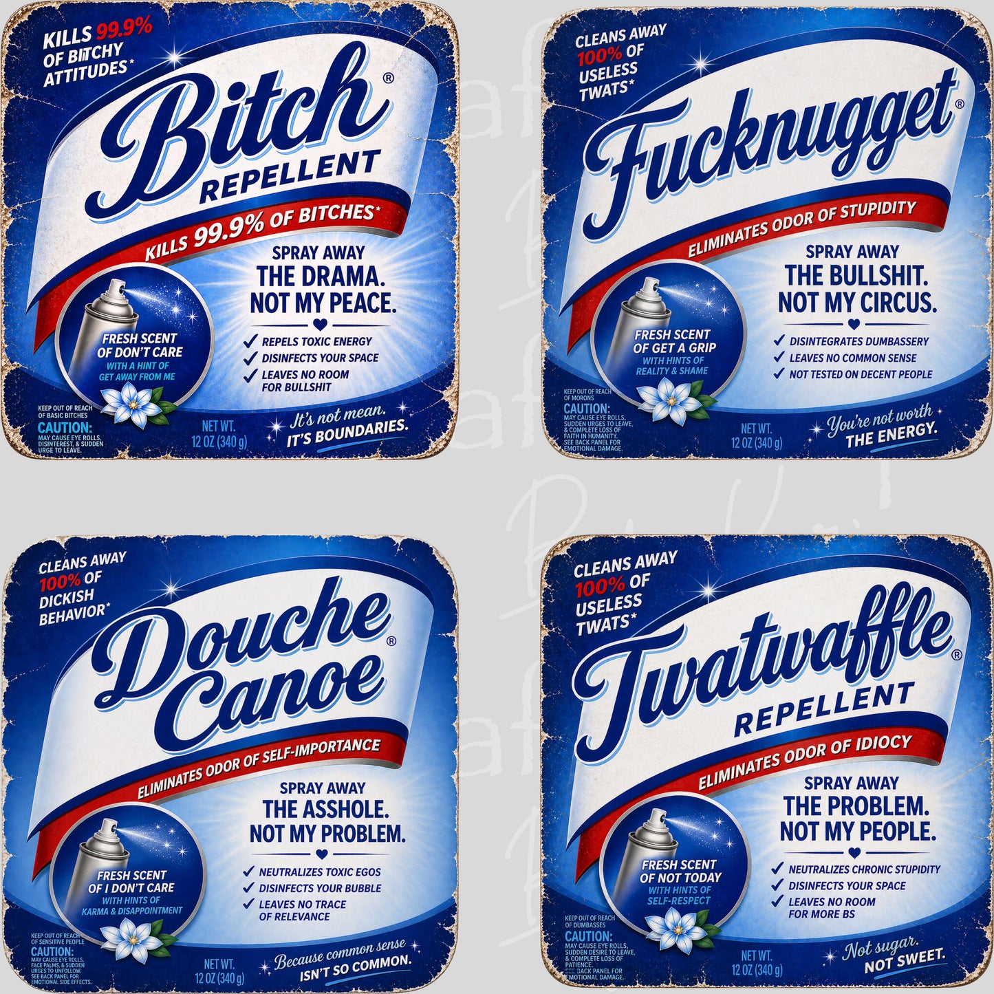 UV DTF Twatwaffle repellent, bitch repellent, douche canoe or fucknugget spray labels sarcastic humor decal #4698