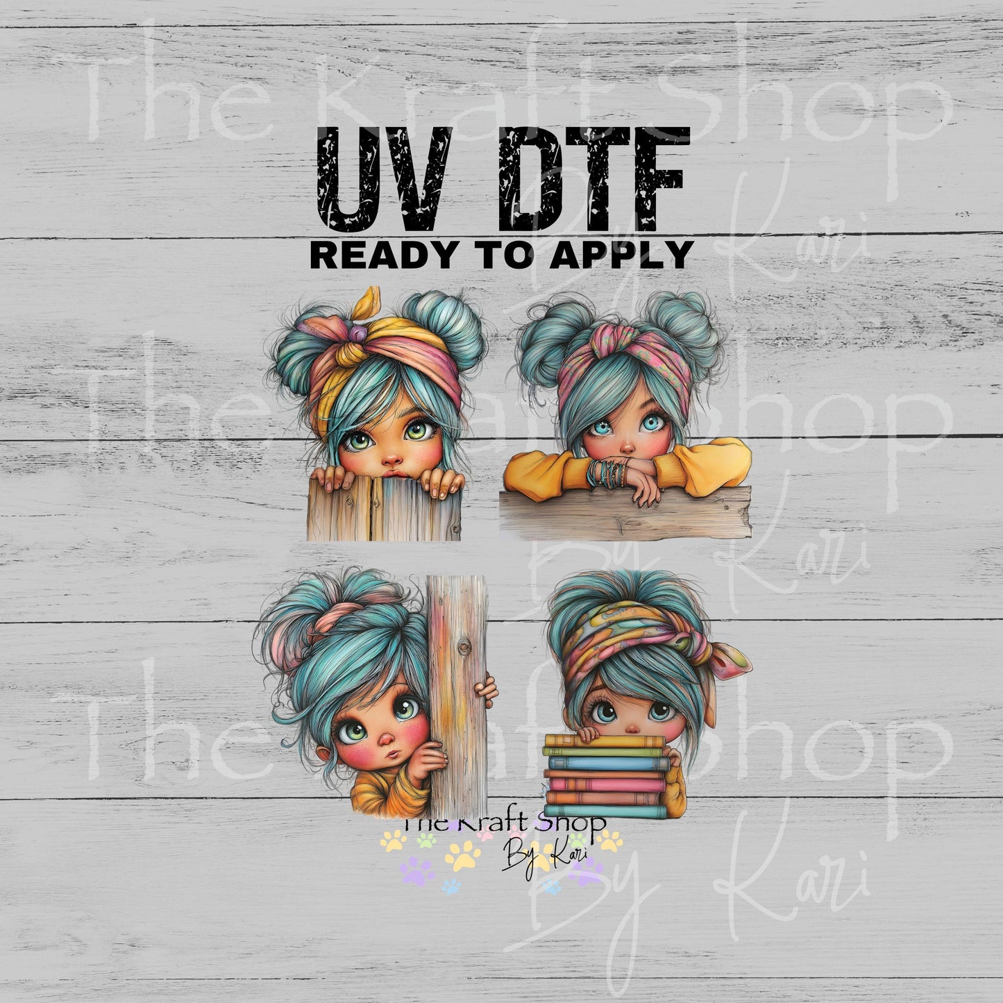 UV DTF Whimsical girls with teal hair and books 4pk decals , permanent sticker.#10480