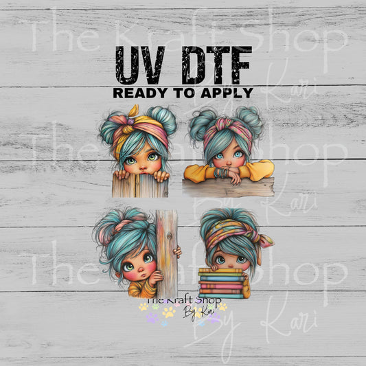 UV DTF Whimsical girls with teal hair and books 4pk decals , permanent sticker.#10480