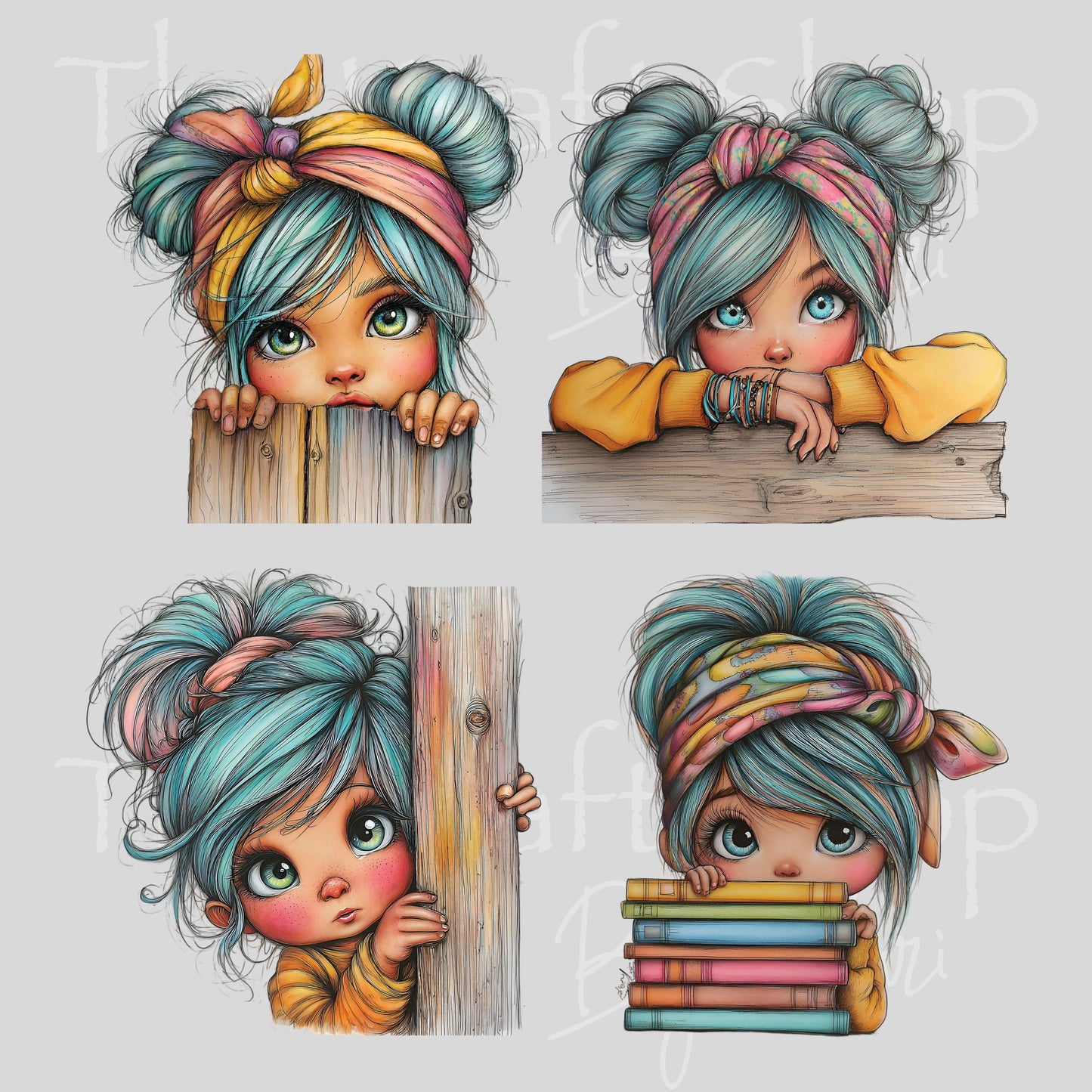 UV DTF Whimsical girls with teal hair and books 4pk decals , permanent sticker.#10480