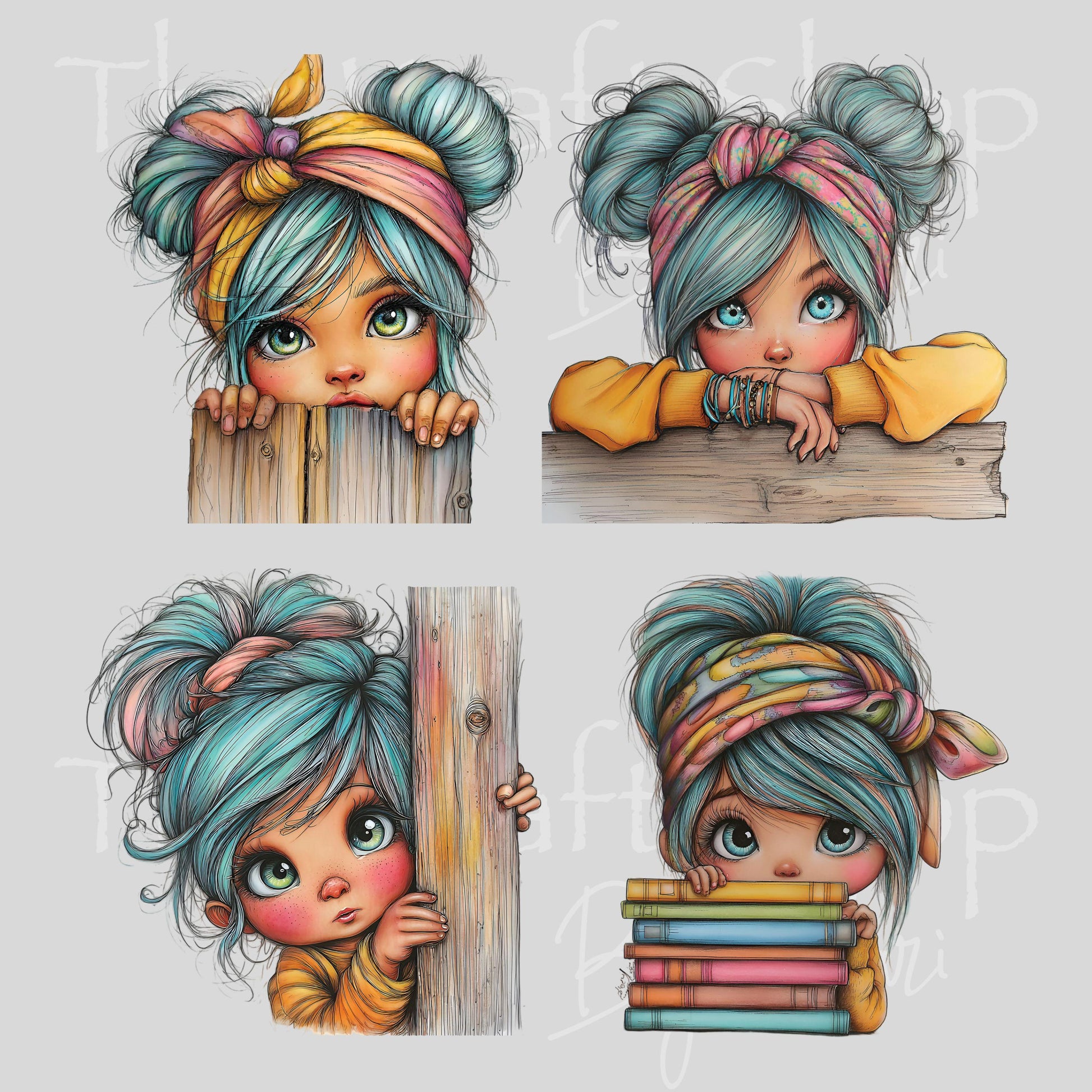 UV DTF Whimsical girls with teal hair and books 4pk decals , permanent sticker.#10480