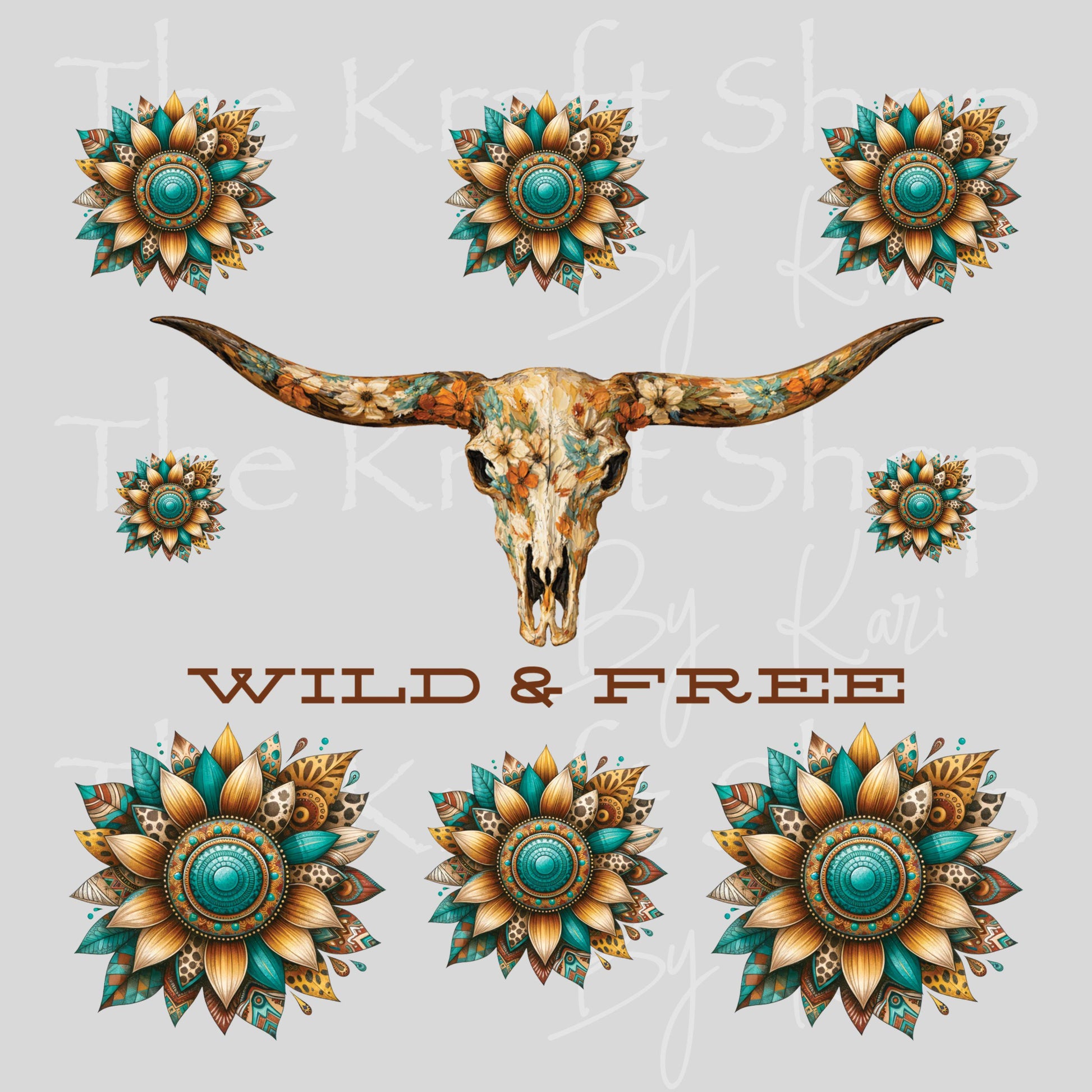 UV DTF Wild & Free bull skull western teal Element sheet 6x6 decal, tumbler decal, permanent sticker. #4704