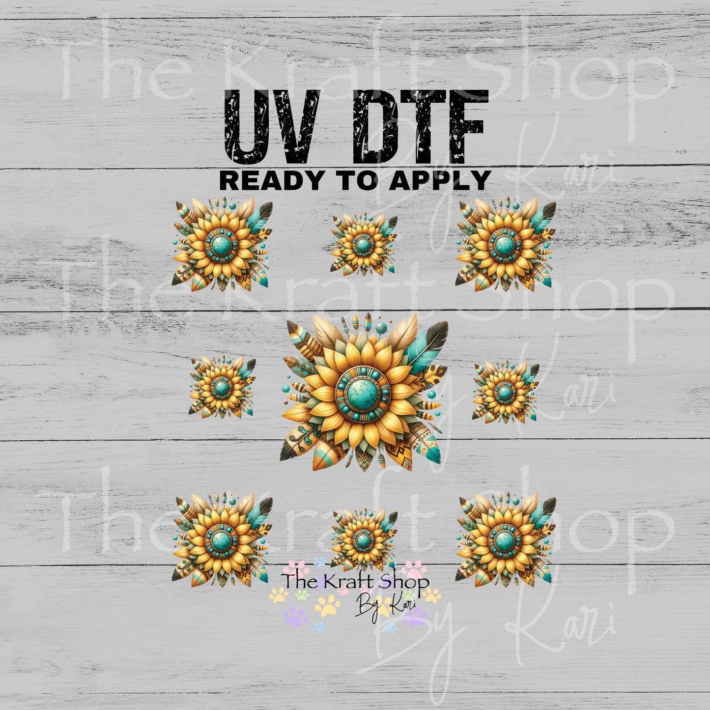 UV DTF Teal Feather Sunflower Element sheet 6x6 decal, tumbler decal, permanent sticker. #6014