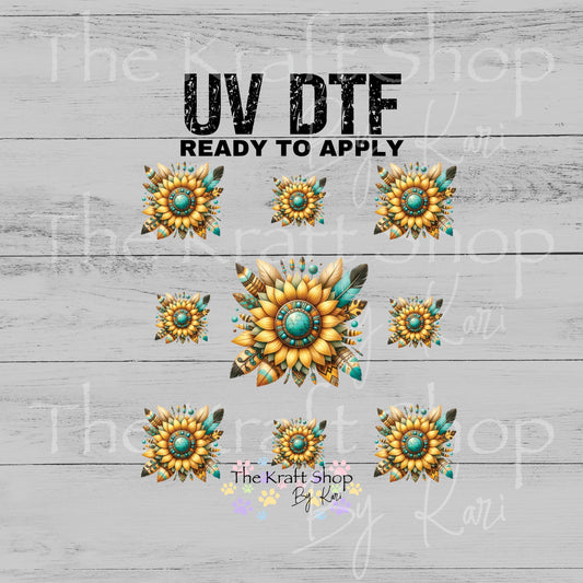UV DTF Teal Feather Sunflower Element sheet 6x6 decal, tumbler decal, permanent sticker. #6014