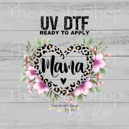 UV DTF Leopard Heart Mama with Flowers decal, tumbler decal, permanent sticker. #4677