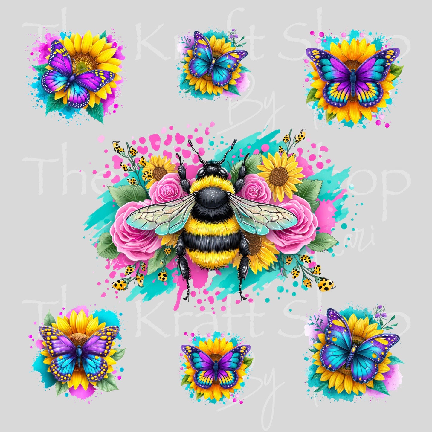 UV DTF Sticker print Bee and Butterflies paint splatter Element sheet 8x8 decal, tumbler decal, permanent sticker. #1134