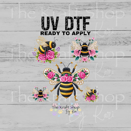 UV DTF Sticker print Embroider Bees with pink flowers Element sheet 8x8 decal, tumbler decal, permanent sticker. #1136