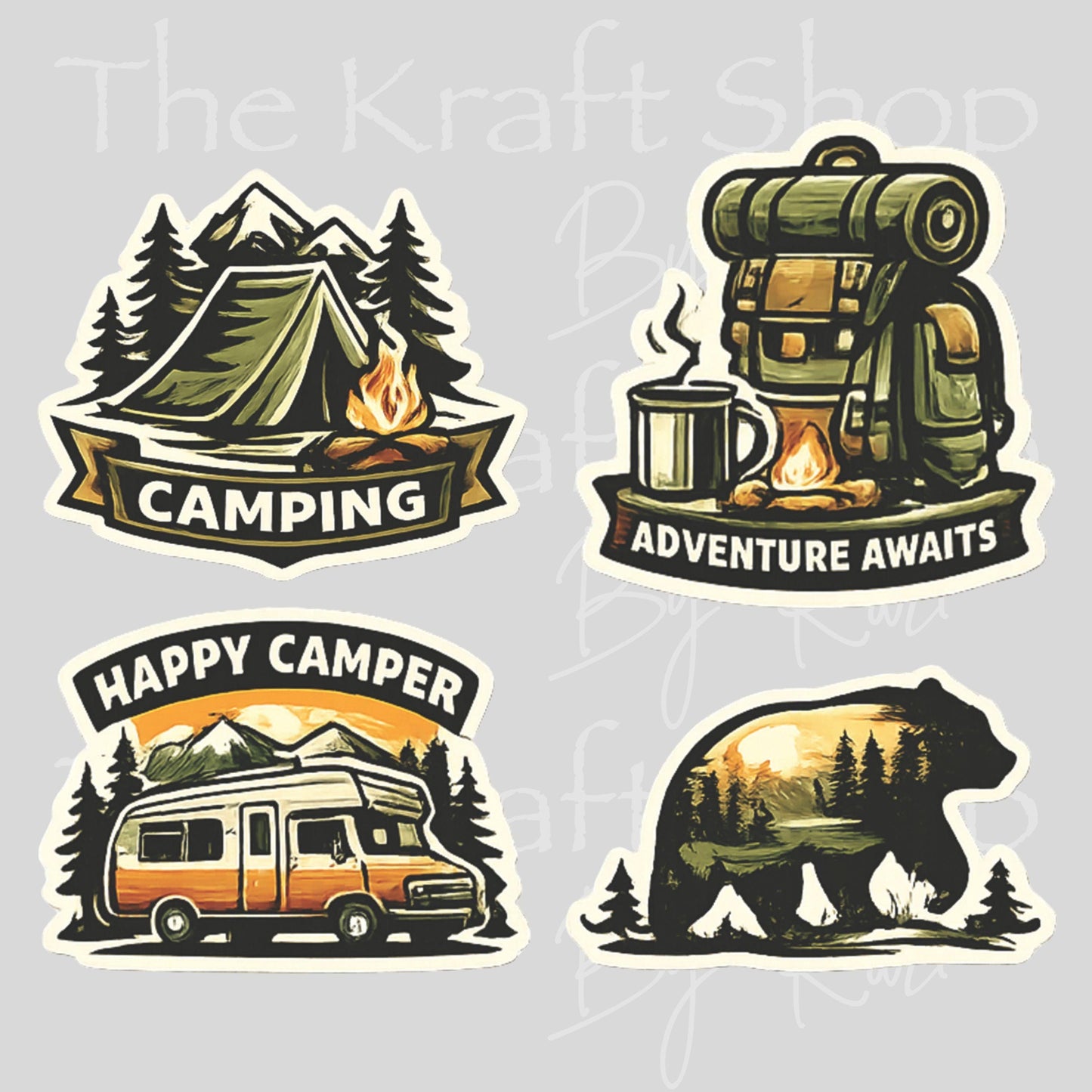 UV DTF Camping 4pk decals , permanent sticker.#4679