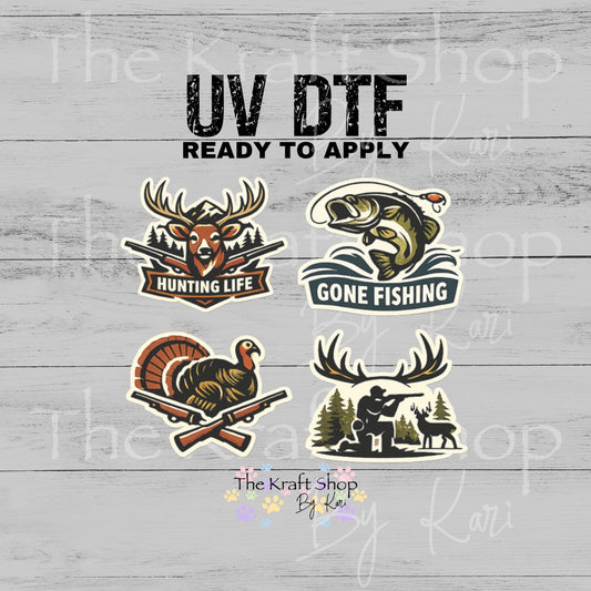 UV DTF Hunting and fishing 4pk decals , permanent sticker.#9037