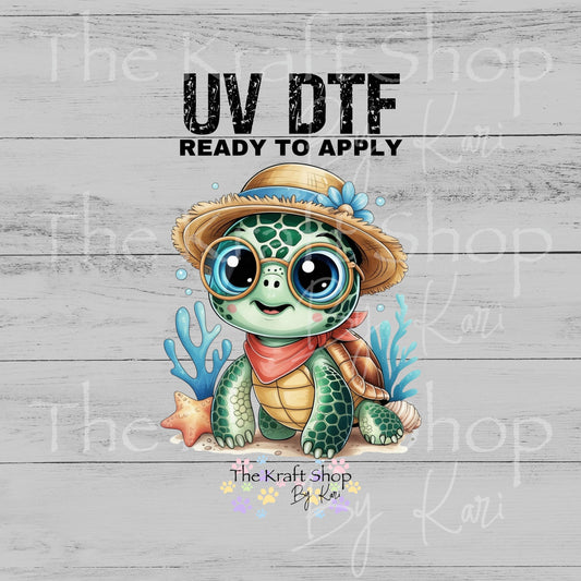 UV DTF Beach turtle with straw hat sticker decal #1146