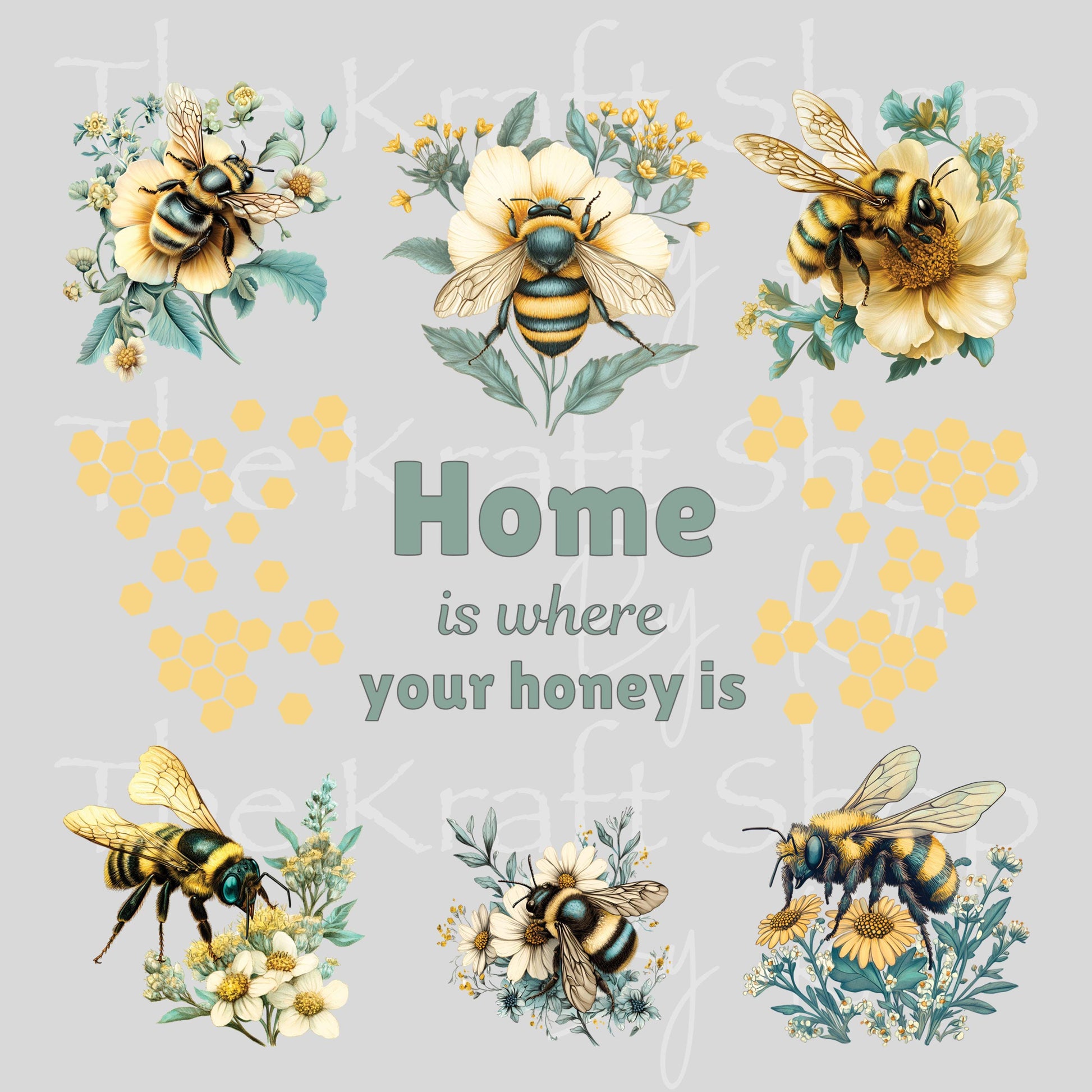 UV DTF Home is where your honey is teal daisy and bees Element sheet 8x8 decal #10488