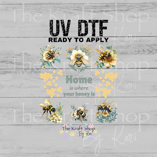 UV DTF Home is where your honey is teal daisy and bees Element sheet 8x8 decal #10488