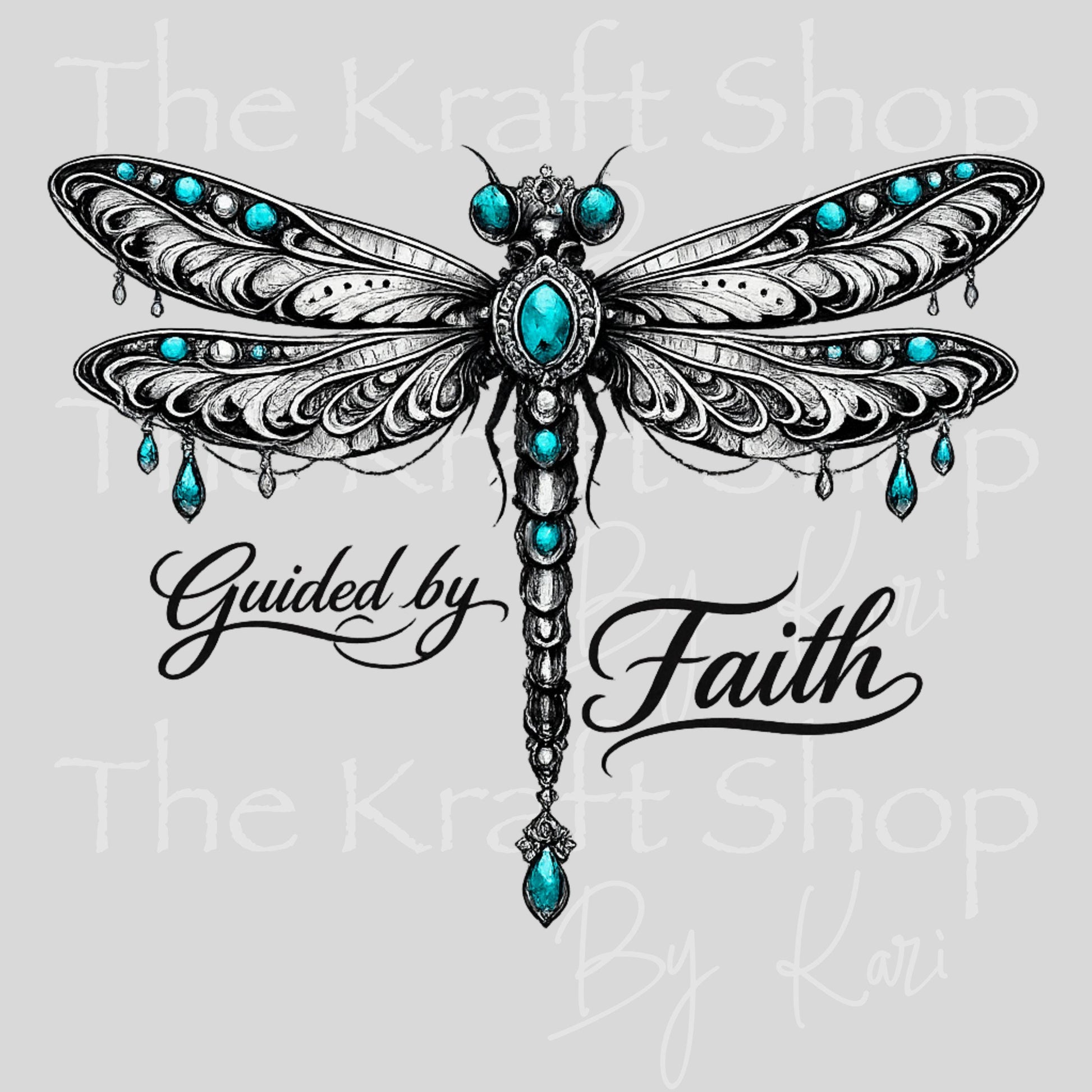 UV DTF Guided by faith teal and turquoise jeweled dragonfly decal, tumbler decal, permanent sticker. #4696